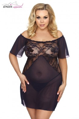 VENEA - Chemise blu con scollo a barchetta in tulle e pizzo. VENEA - Chemise blu con scollo a barchetta in tulle e pizzo.