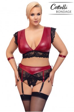 Set bondage in pizzo nero e tessuto rosso. Set bondage in pizzo nero e tessuto rosso.