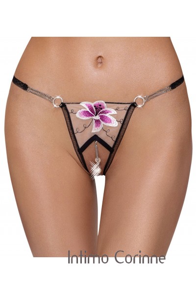 Tanga aperto con perle, anelli di strass e catene. Tanga aperto con perle, anelli di strass e catene.