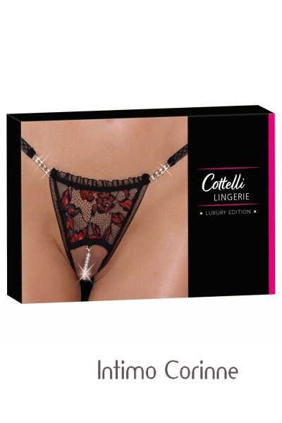 Tanga aperto ricamato con perle e strass.