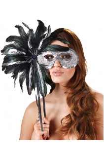 Maschera argentata con piume e bacchetta. Maschera argentata con piume e bacchetta.