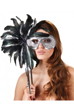 Maschera argentata con piume e bacchetta. Maschera argentata con piume e bacchetta.