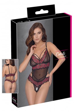 Body in tulle con ricami rossi in pizzo. Body in tulle con ricami rossi in pizzo.