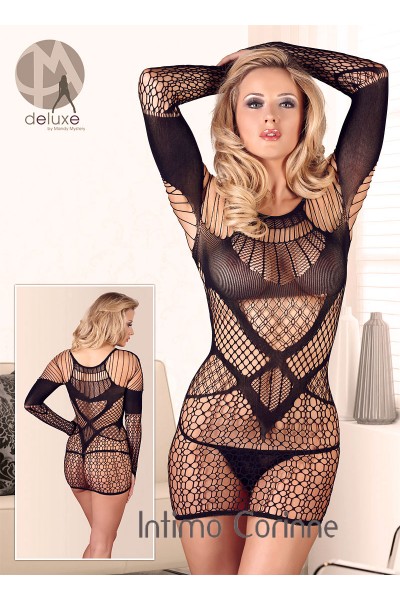 Mandy Mystery: miniabito a rete mista con maniche lunghe. Mandy Mystery: miniabito a rete mista con maniche lunghe.