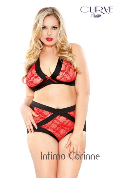 Completo 2 pezzi in pizzo rosso con fasce nere. Completo 2 pezzi in pizzo rosso con fasce nere.