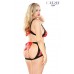 Completo 2 pezzi in pizzo rosso con fasce nere. Completo 2 pezzi in pizzo rosso con fasce nere.