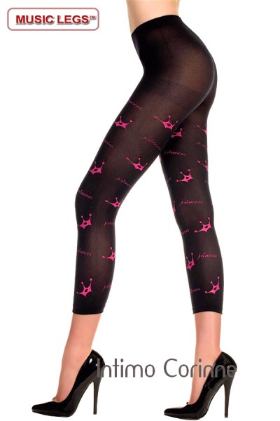 Music Legs: pantacollant nero opaco con disegno corone. Music Legs: pantacollant nero opaco con disegno corone.