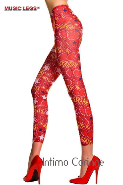 Music Legs: leggings rossi con fantasia e scritte. Music Legs: leggings rossi con fantasia e scritte.
