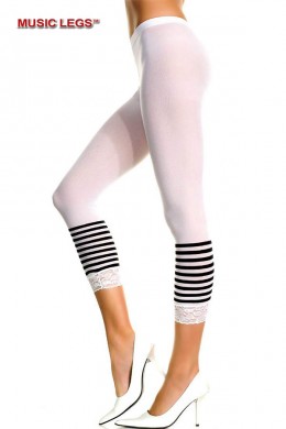 Music Legs: leggings bianchi con righe nere e pizzo.
