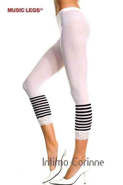 Music Legs: leggings bianchi con righe nere e pizzo. Music Legs: leggings bianchi con righe nere e pizzo.