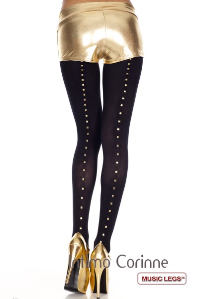 Music Legs: collant nero coprente con borchie dorate. Music Legs: collant nero coprente con borchie dorate.