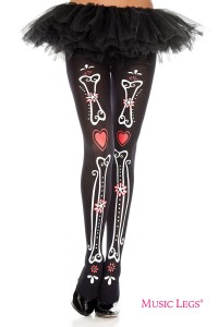 Music Legs: collant disegno ossa con cuori e fiori.
