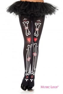 Music Legs: collant disegno ossa con cuori e fiori. Music Legs: collant disegno ossa con cuori e fiori.