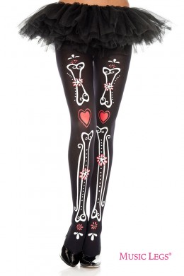 Music Legs: collant disegno ossa con cuori e fiori. Music Legs: collant disegno ossa con cuori e fiori.