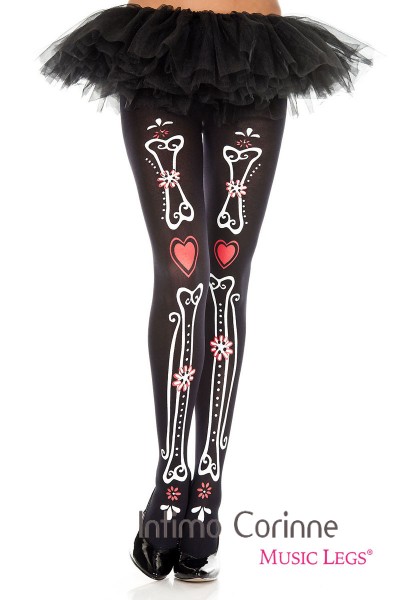 Music Legs: collant disegno ossa con cuori e fiori. Music Legs: collant disegno ossa con cuori e fiori.