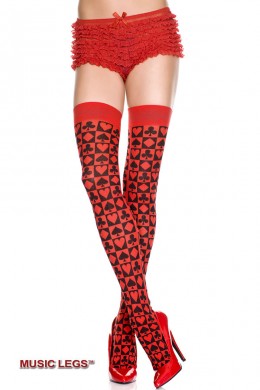 Music Legs: calze rosse con disegno semi carte da gioco. Music Legs: calze rosse con disegno semi carte da gioco.