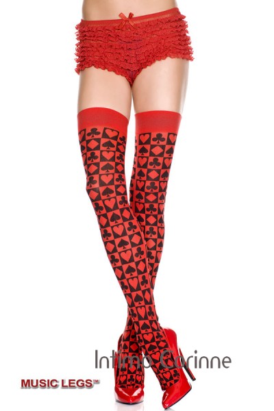 Music Legs: calze rosse con disegno semi carte da gioco. Music Legs: calze rosse con disegno semi carte da gioco.
