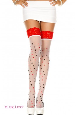Music Legs: calze bianche con simboli carte e balza rossa. Music Legs: calze bianche con simboli carte e balza rossa.