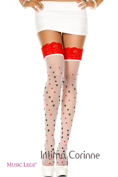 Music Legs: calze bianche con simboli carte e balza rossa. Music Legs: calze bianche con simboli carte e balza rossa.