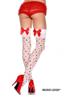 Music Legs: calze bianche con simboli carte e fiocchi rossi. Music Legs: calze bianche con simboli carte e fiocchi rossi.