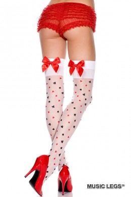 Music Legs: calze bianche con simboli carte e fiocchi rossi. Music Legs: calze bianche con simboli carte e fiocchi rossi.