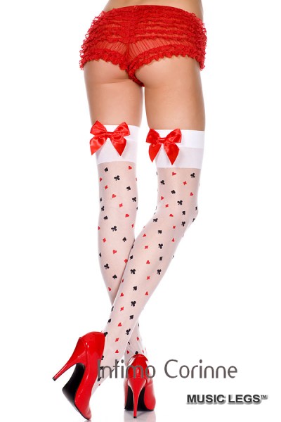 Music Legs: calze bianche con simboli carte e fiocchi rossi. Music Legs: calze bianche con simboli carte e fiocchi rossi.