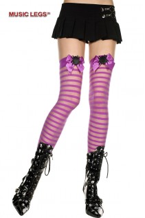 Music Legs: calze viola a righe con fiocco e disegno ragno. Music Legs: calze viola a righe con fiocco e disegno ragno.