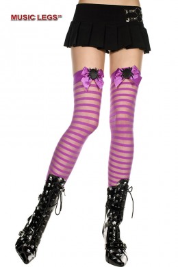 Music Legs: calze viola a righe con fiocco e disegno ragno. Music Legs: calze viola a righe con fiocco e disegno ragno.