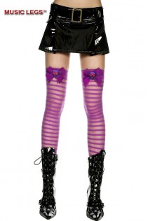 Music Legs: calze a righe viola con fiocco e teschio. Music Legs: calze a righe viola con fiocco e teschio.