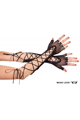 Music leg: guanti lunghi in rete a mezze dita con nastrini.