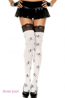 Music Legs: calze con teschi e balza in pizzo nero. Music Legs: calze con teschi e balza in pizzo nero.