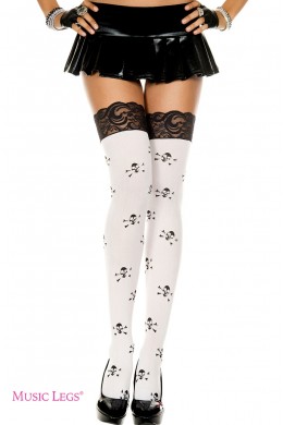 Music Legs: calze con teschi e balza in pizzo nero. Music Legs: calze con teschi e balza in pizzo nero.