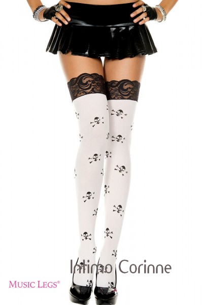 Music Legs: calze con teschi e balza in pizzo nero. Music Legs: calze con teschi e balza in pizzo nero.