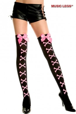 Music Legs: calze nere con ossa incrociate e fiocco rosa. Music Legs: calze nere con ossa incrociate e fiocco rosa.