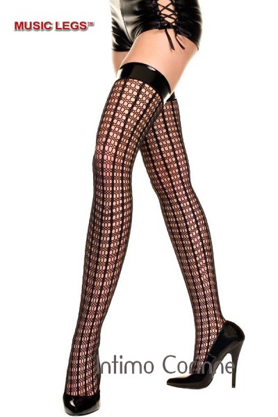 Music Legs: calze traforate con balza in vinile e linee opache. Music Legs: calze traforate con balza in vinile e linee opache.
