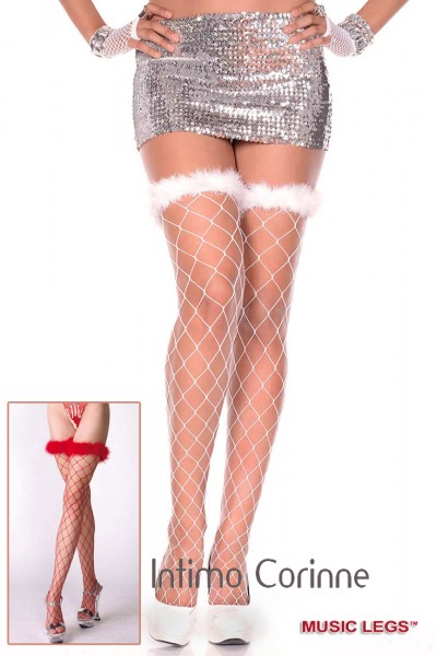 Music leg: calze a rete larga con piume di marabou. Music leg: calze a rete larga con piume di marabou.