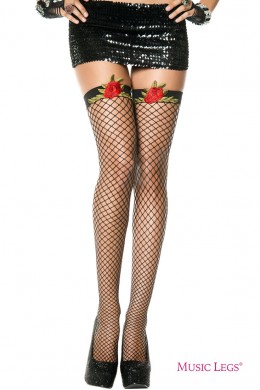 Music Legs: calze a rete con rosa sulla balza. Music Legs: calze a rete con rosa sulla balza.