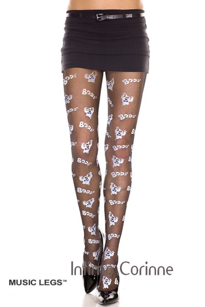 Music Legs: collant velati con scritte e disegno fantasmi. Music Legs: collant velati con scritte e disegno fantasmi.