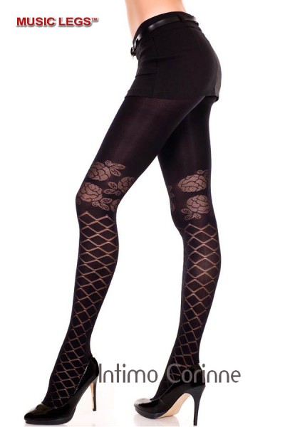 Music Legs: collant con rosa e disegno romboidale. Music Legs: collant con rosa e disegno romboidale.