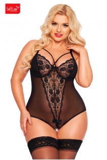 Body in tulle e pizzo con stringhe incrociate. Nero. Plus size. Body in tulle e pizzo con stringhe incrociate. Nero. Plus size.