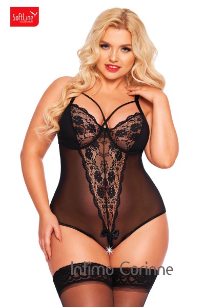 Body in tulle e pizzo con stringhe incrociate. Nero. Plus size.