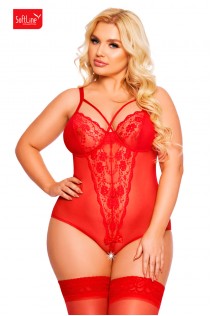 Body AMANDA in tulle e pizzo con stringhe incrociate. Rosso. Plus siz Body AMANDA in tulle e pizzo con stringhe incrociate. Rosso. Plus siz
