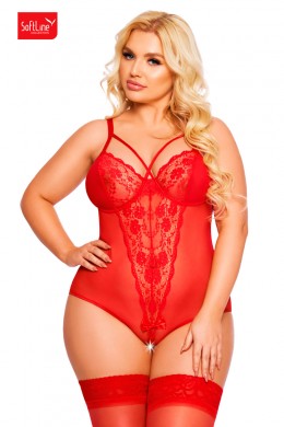 Body AMANDA in tulle e pizzo con stringhe incrociate. Rosso. Plus siz Body AMANDA in tulle e pizzo con stringhe incrociate. Rosso. Plus siz