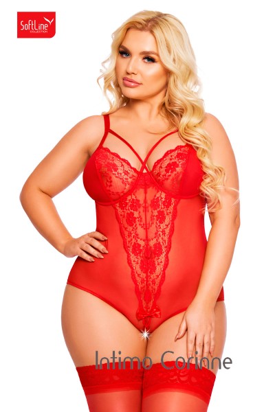 Body AMANDA in tulle e pizzo con stringhe incrociate. Rosso. Plus siz