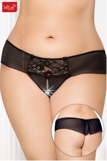 Tanga nero con inserto in pizzo e fiocchetti Tanga nero con inserto in pizzo e fiocchetti