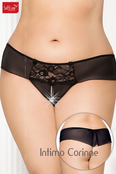 Tanga nero con inserto in pizzo e fiocchetti Tanga nero con inserto in pizzo e fiocchetti