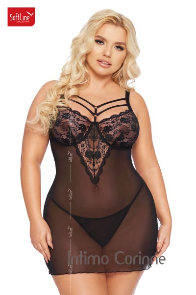 Chemise ALDONA in tulle e pizzo. Nero. Plus size Chemise ALDONA in tulle e pizzo. Nero. Plus size