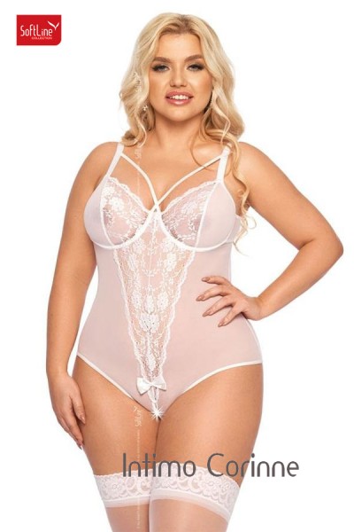 Body AMANDA in tulle e pizzo con stringhe incrociate. Bianco. Plus si Body AMANDA in tulle e pizzo con stringhe incrociate. Bianco. Plus si