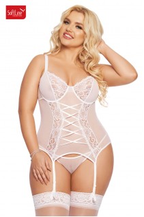 Guepiere BRENDA in tulle e pizzo con stringatura. Bianco. Plus size Guepiere BRENDA in tulle e pizzo con stringatura. Bianco. Plus size