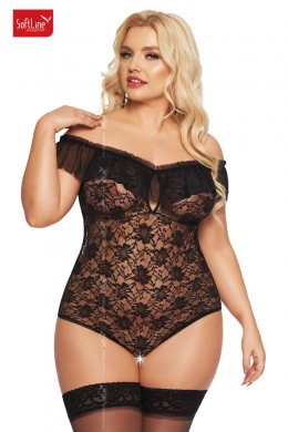 Body KAMILA in pizzo con volant in tulle. Nero. Plus size Body KAMILA in pizzo con volant in tulle. Nero. Plus size